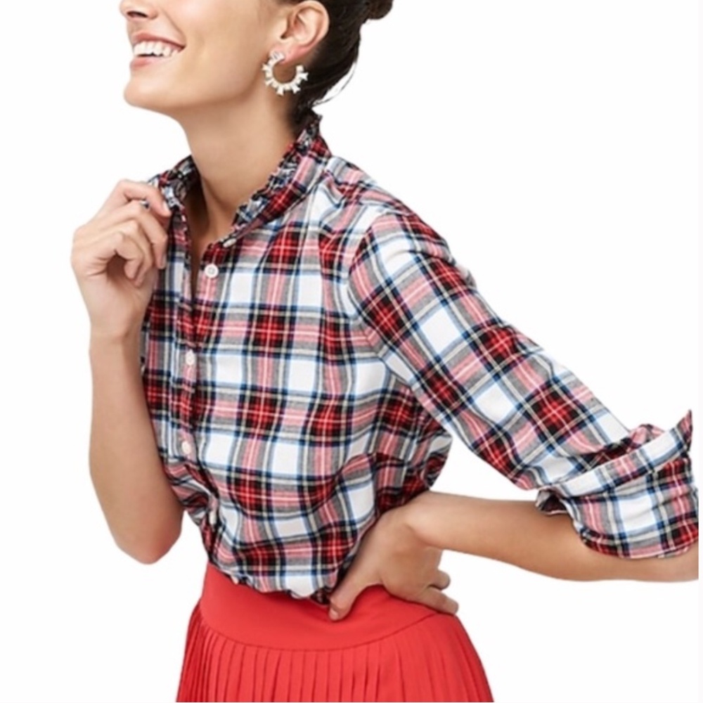 J. Crew Factory Flannel Tartan Button-Front Top with Ruffled Collar-Size: S, NWT